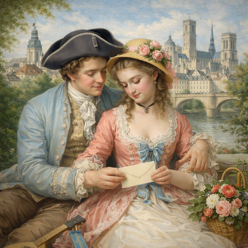 18th century romantic couple by river Couple in 18th century attire holding a sealed letter by a river with Notre-Dame cathedral in background